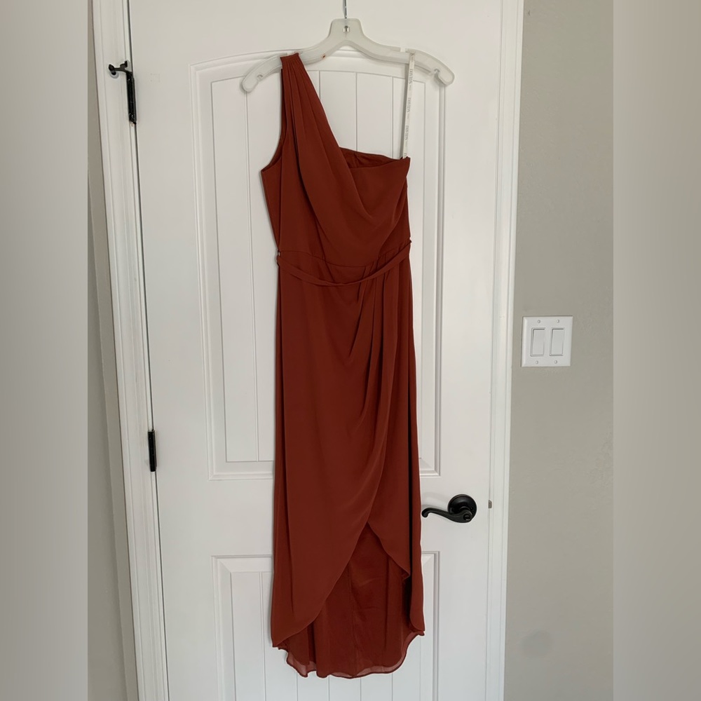 David’s Bridal chiffon one-shoulder bridesmaid dress with cascade